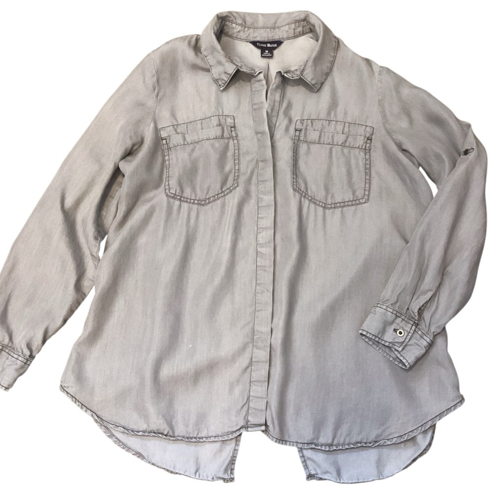 Terre Bleue Lyocell Split Back Roll Tab Sleeve Gray Green‎ Blouse Medium